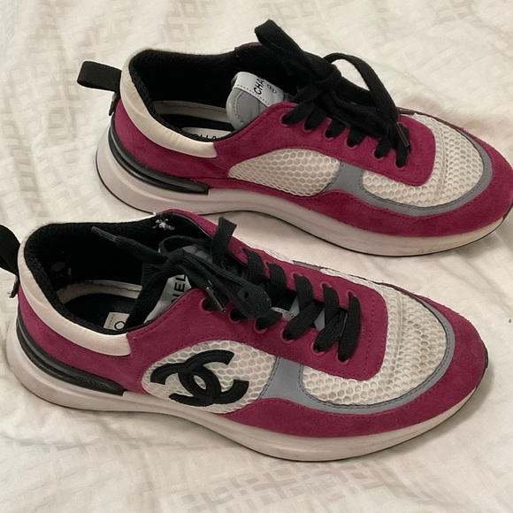 Chanel Mesh Suede Calfskin Womens CC Sneakers 38 White Dark Pink Grey - Picture 11 of 12